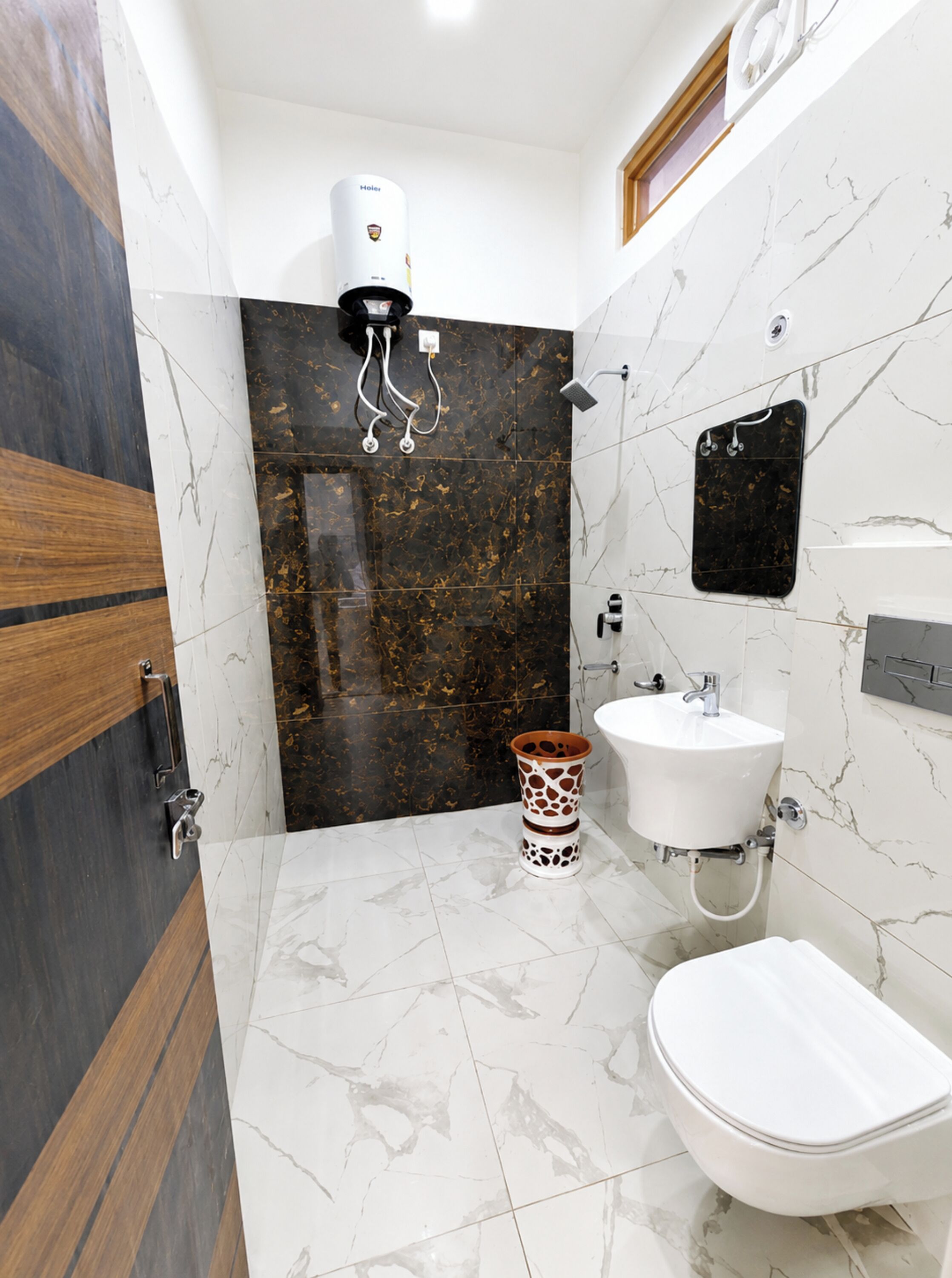Shower, rainfall showerhead, slippers, bidet