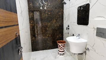 Shower, rainfall showerhead, slippers, bidet