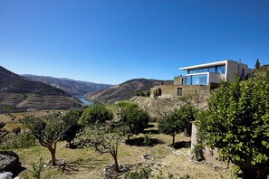 A modern building with large windows, surrounded by trees and hills. - Quinta Rainha Santa Mafalda - Douro Valley Design Villa (Lugar da Posta - Pinhão)