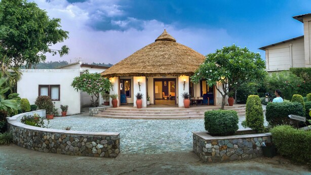 A building with a thatched roof, stone pathway, and potted plants.