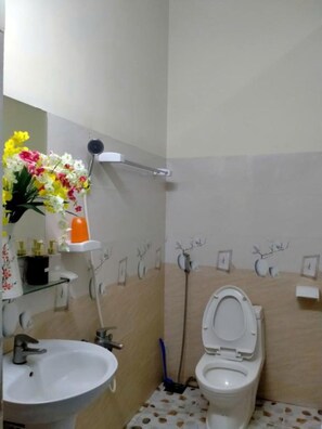A bathroom with a toilet, sink, and a shower area.