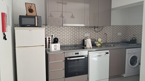 A compact kitchen with a refrigerator, oven, dishwasher, and washing machine.
