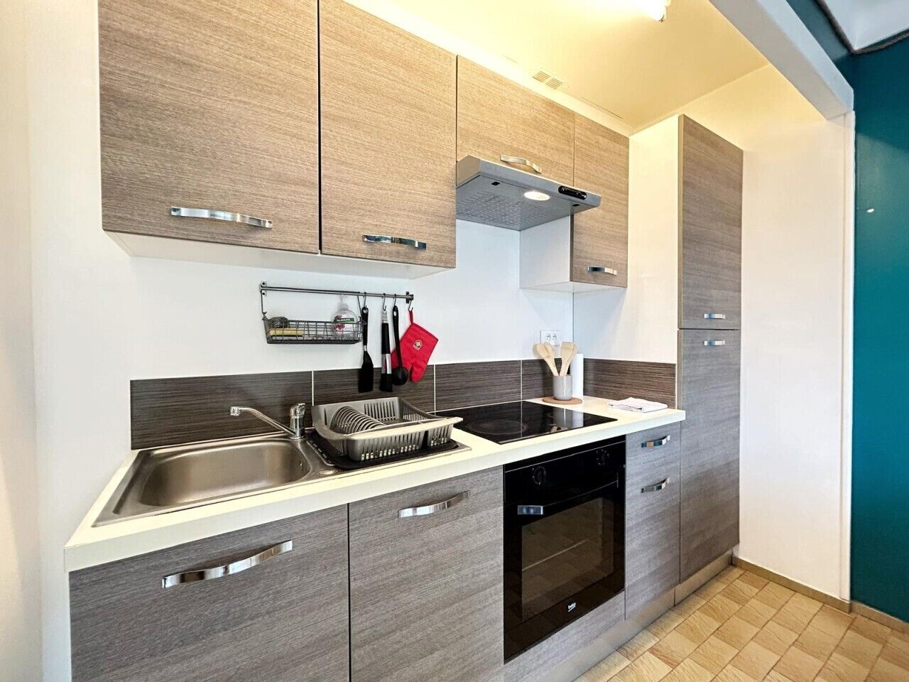 Fridge, microwave, cookware/dishes/utensils