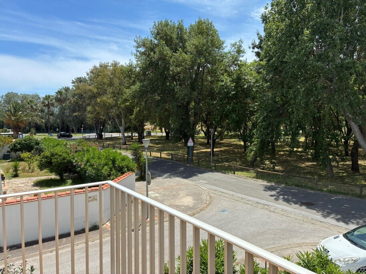 A road with a pedestrian crossing, trees, and a parked car.