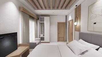 A modern hotel room with a large bed, a TV, a wardrobe, and a bathroom visible through a door.