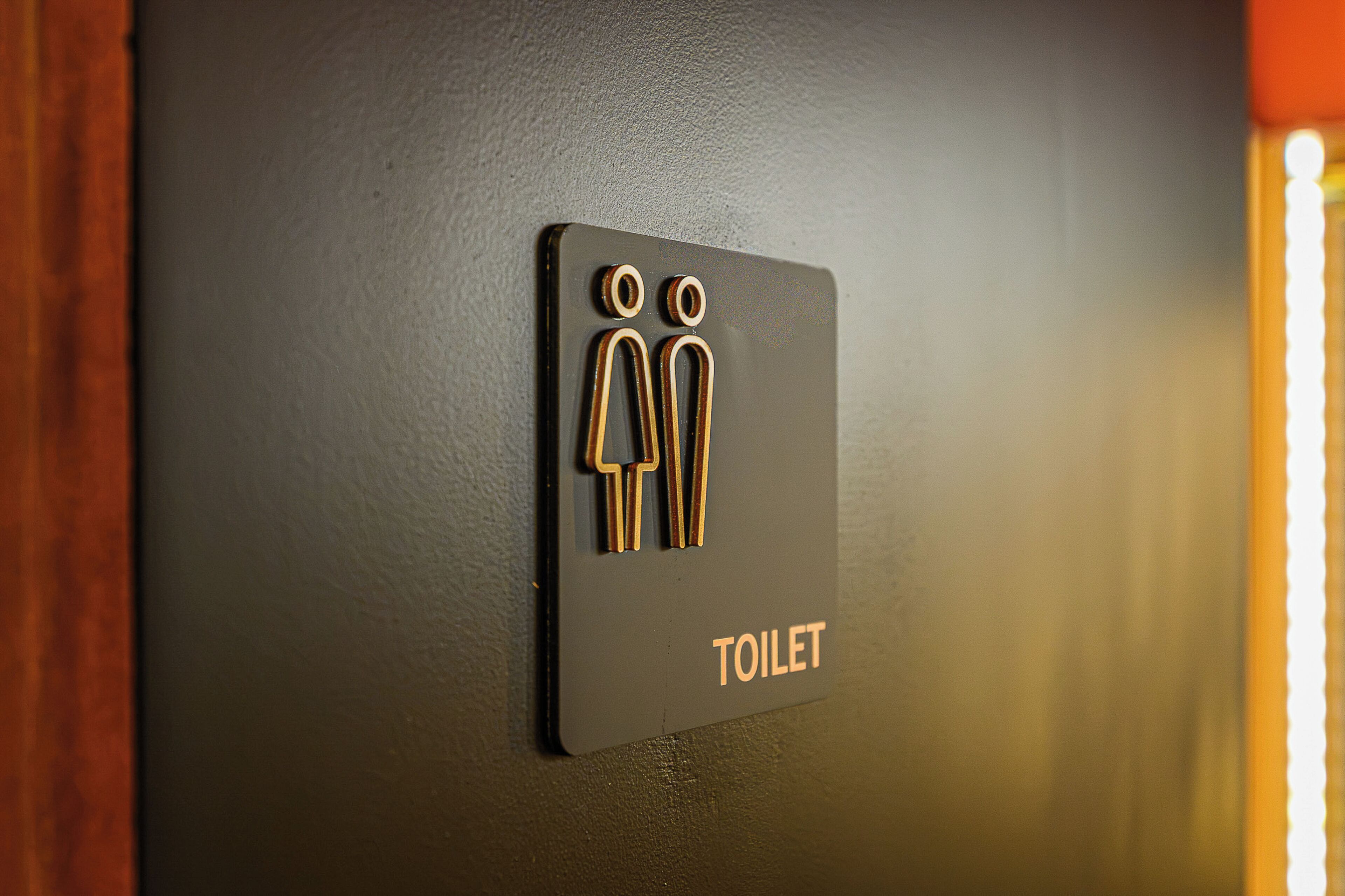 Ein WC-Schild mit Männlein- und Weiblein-Symbol und dem Wort 'TOILET' an einer dunklen Wand.