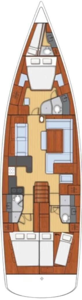 A boat with a kitchen area, seating, and a bathroom.