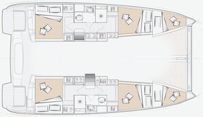A boat interior with two cabins, a dining area, and a kitchen.
