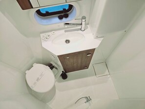 A bathroom with a white sink, a toilet, and a shower area.