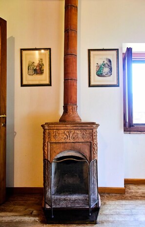 A room with a traditional wood-burning stove, a door, and two framed pictures on the wall.