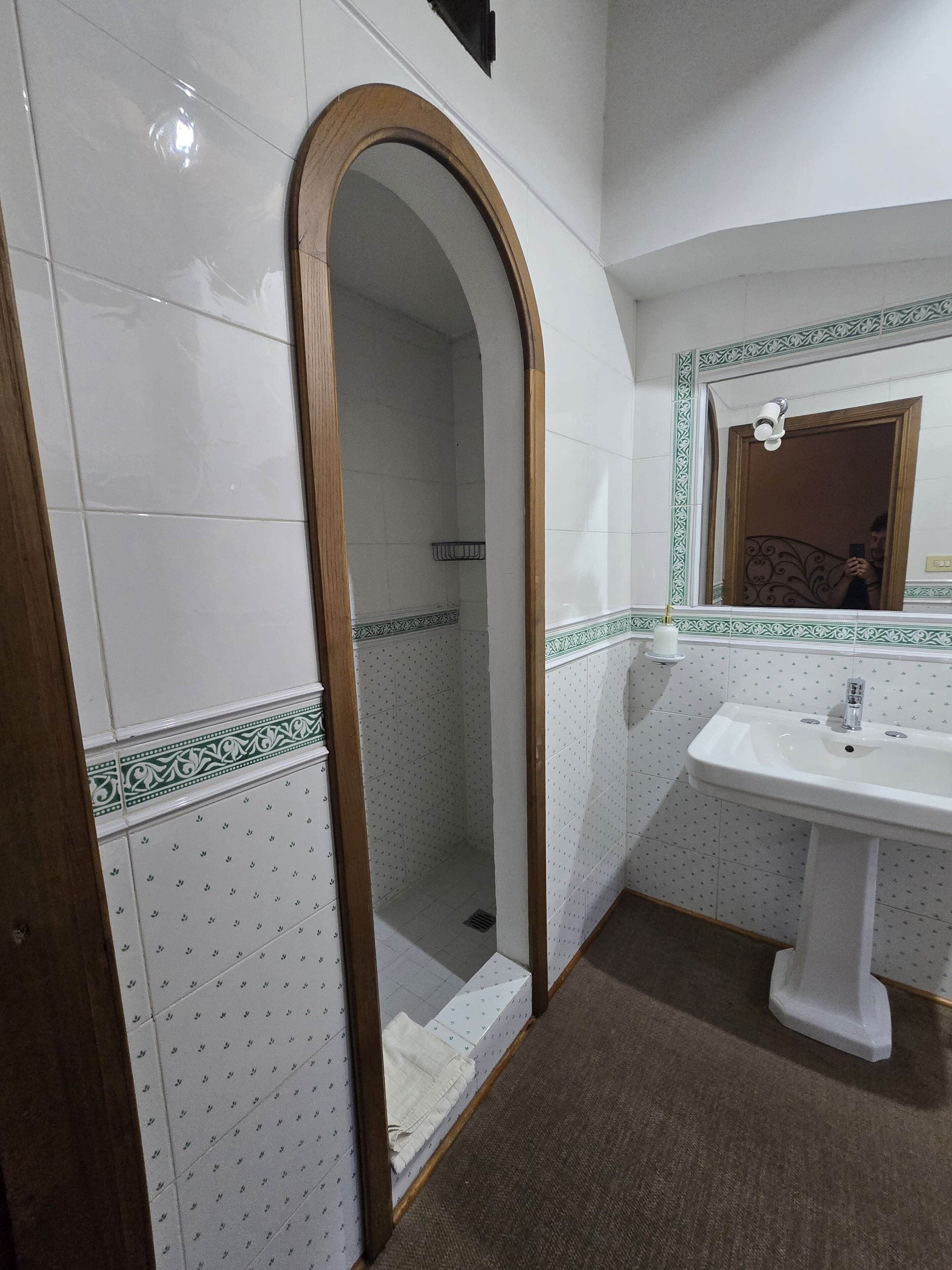 A bathroom with a shower, a sink, and a mirror.
