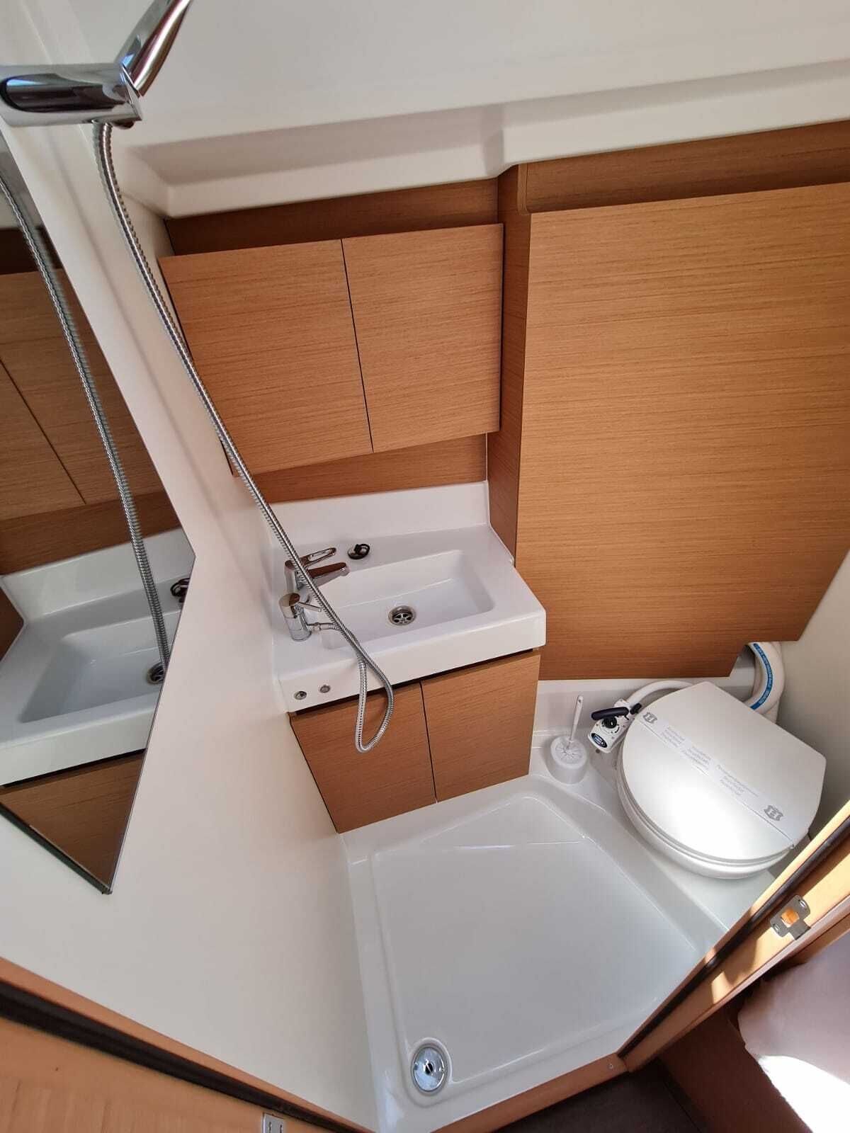 A compact bathroom with a white sink, a handheld showerhead, and a toilet.