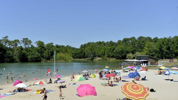 Una playa con gente nadando y tomando el sol, rodeada de árboles y un edificio.