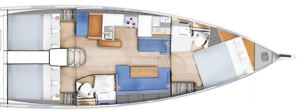 A boat interior with a dining area, kitchen, and seating space. - Dubrovnik Delight: A Sun-Kissed Sailing Experience (Komolac)