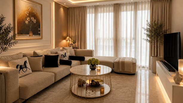 Ein modernes Wohnzimmer mit einer Couch, einem Couchtisch und einem Fernseher.