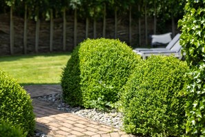 A garden pathway with neatly trimmed hedges and a brick walkway. - Luxuriöses Ferienhaus Room No. 7 (Tating)