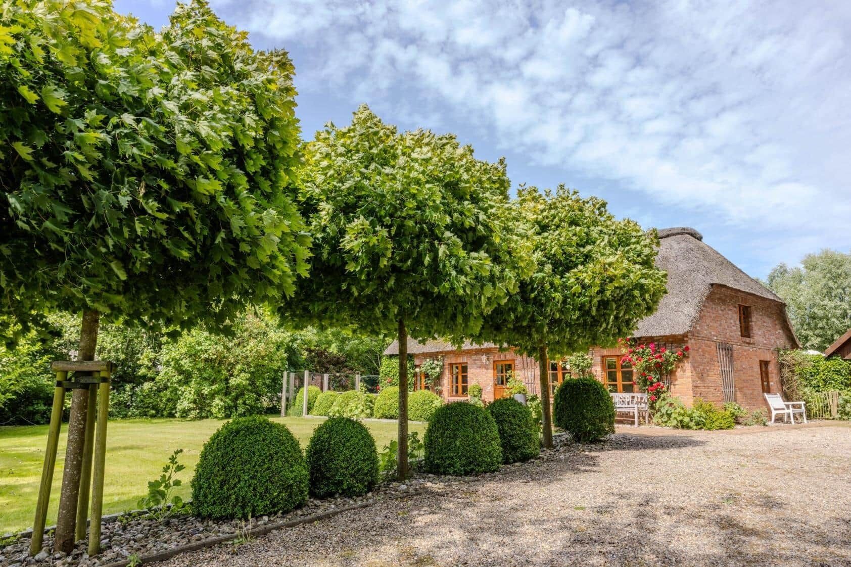 A thatched-roof building with a well-maintained garden, including trimmed hedges and a gravel path.