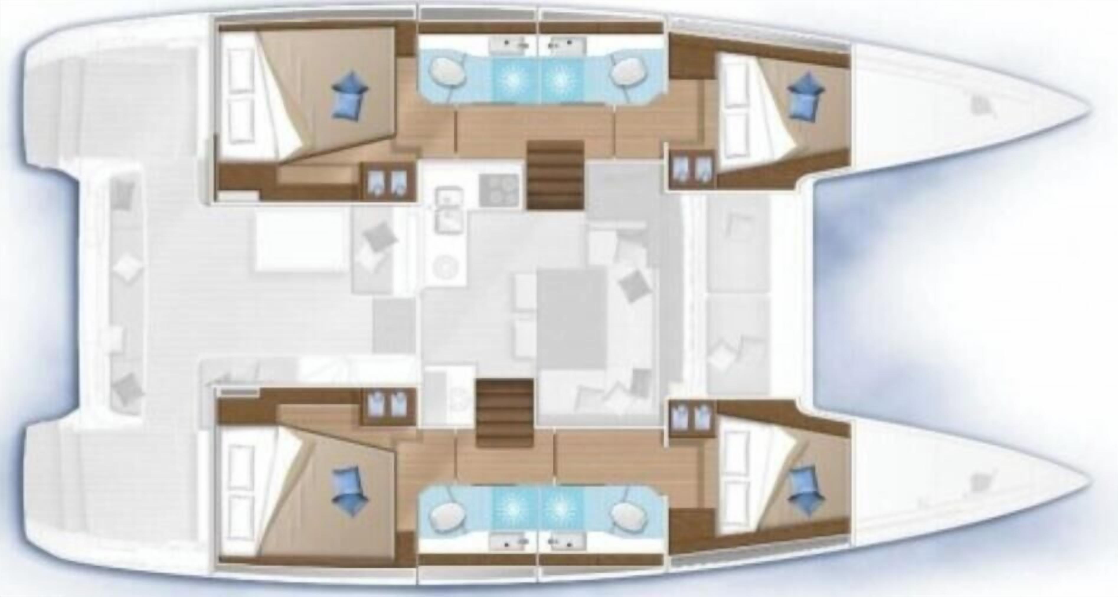A boat interior with a dining area, kitchen, and two separate living spaces.