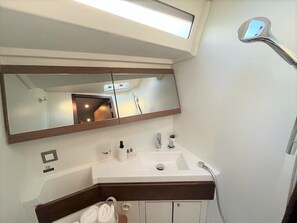A bathroom with a mirror, sink, towel rack, and a handheld showerhead.
