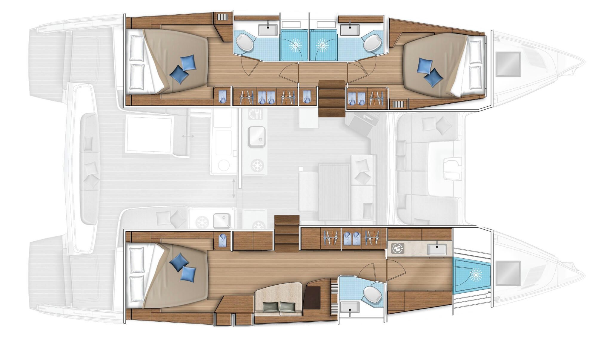 Bootinterieur met een eethoek, twee slaapkamers, een badkamer en een zwembad.