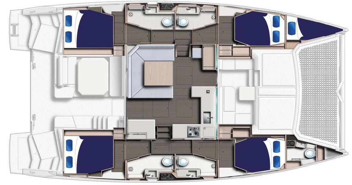 Interior de barco com área de refeições, cozinha e duas cabines.