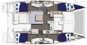 A boat interior with a dining area, kitchen, and two cabins.