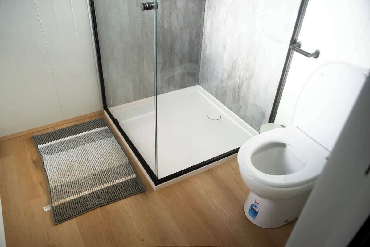 Shower, hair dryer, shampoo