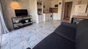 Un salon comprenant un canapé, un téléviseur posé sur un meuble, un coin cuisine avec des placards et des appareils électroménagers, et un ventilateur de plafond.