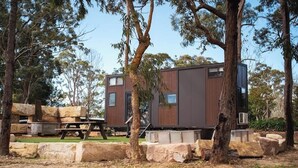 A modern, two-story cabin with a flat roof, surrounded by trees and a picnic table.
