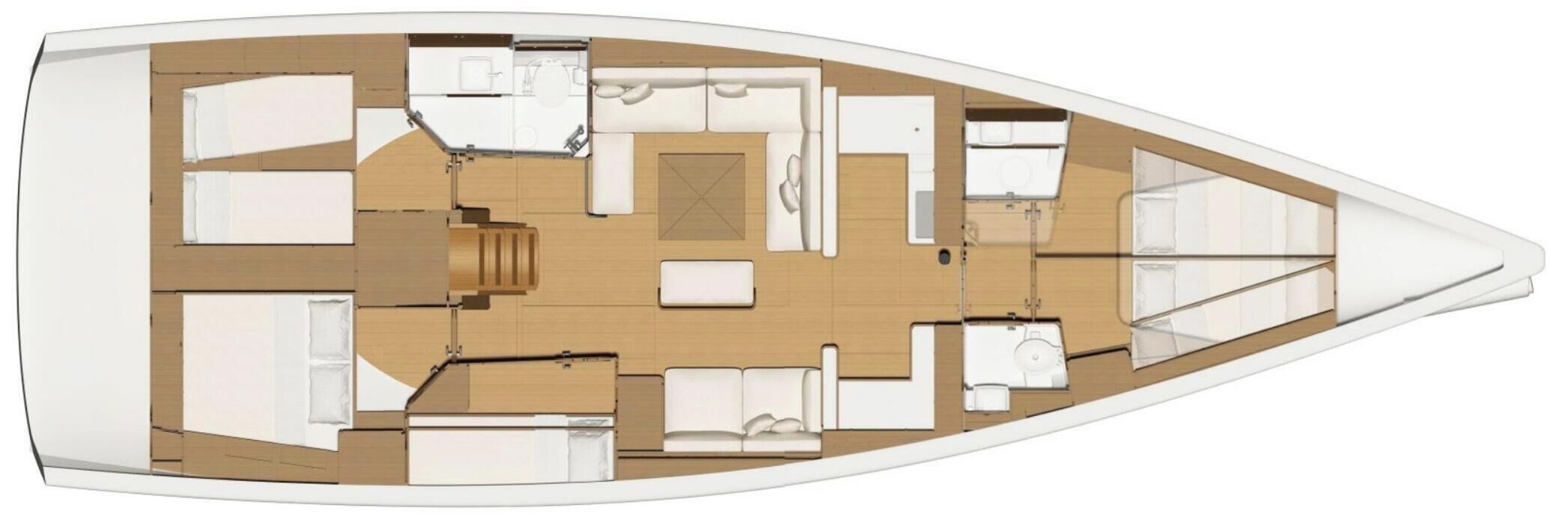 A boat interior with a dining area, a kitchen, and a seating area.