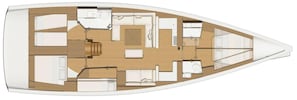 A boat interior with a dining area, a kitchen, and a seating area.
