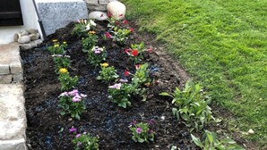 Ein Blumenbeet mit verschiedenen Blumen und Pflanzen, eine Steinmauer und ein grasbewachsener Hügel im Hintergrund.