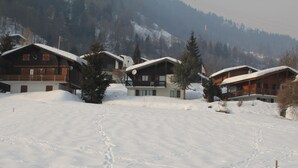 Schneebedeckte Landschaft mit Holzhütten, einem klaren Himmel und einem Berg im Hintergrund.