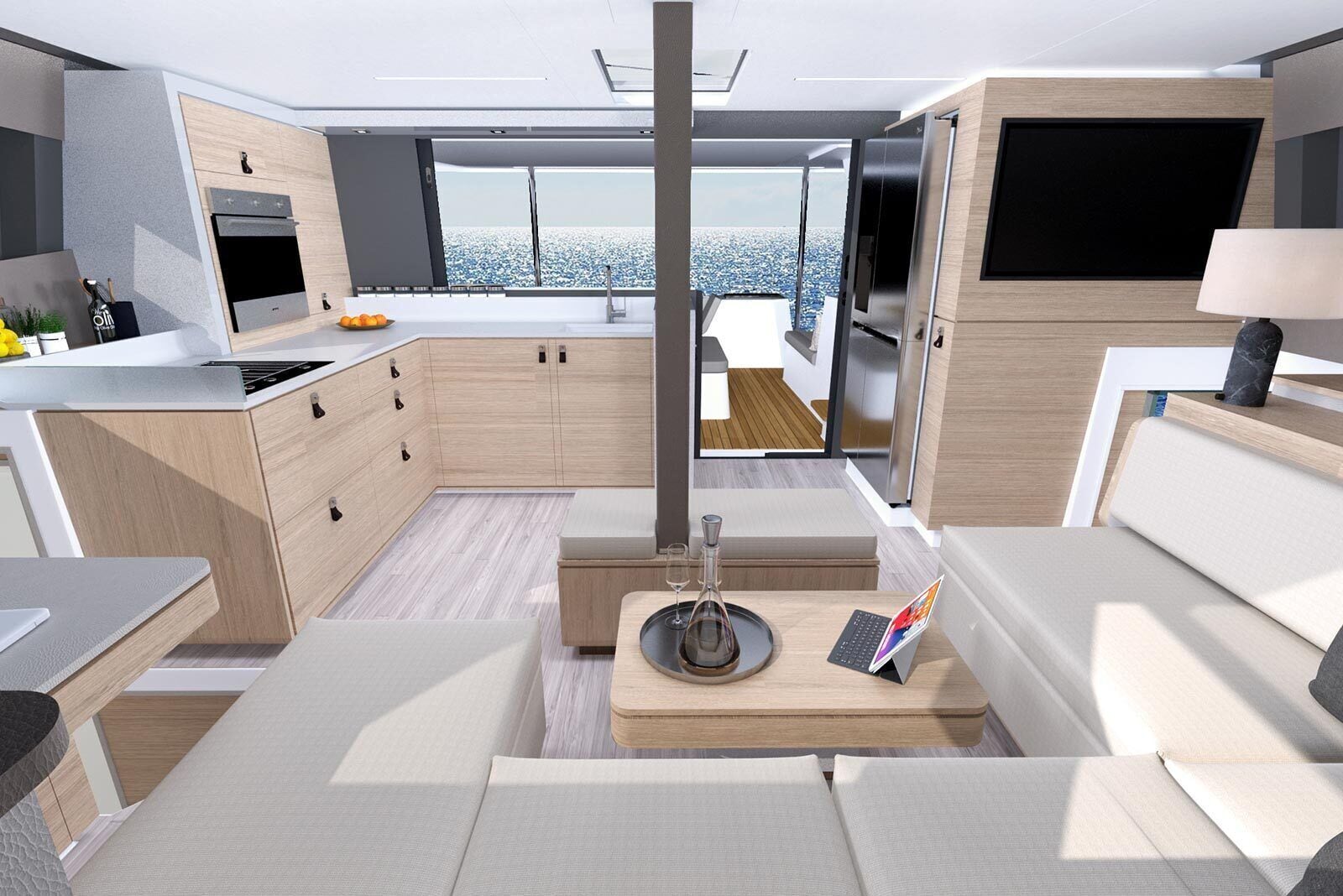 A modern interior with a kitchen, dining area, and a view through a large window.