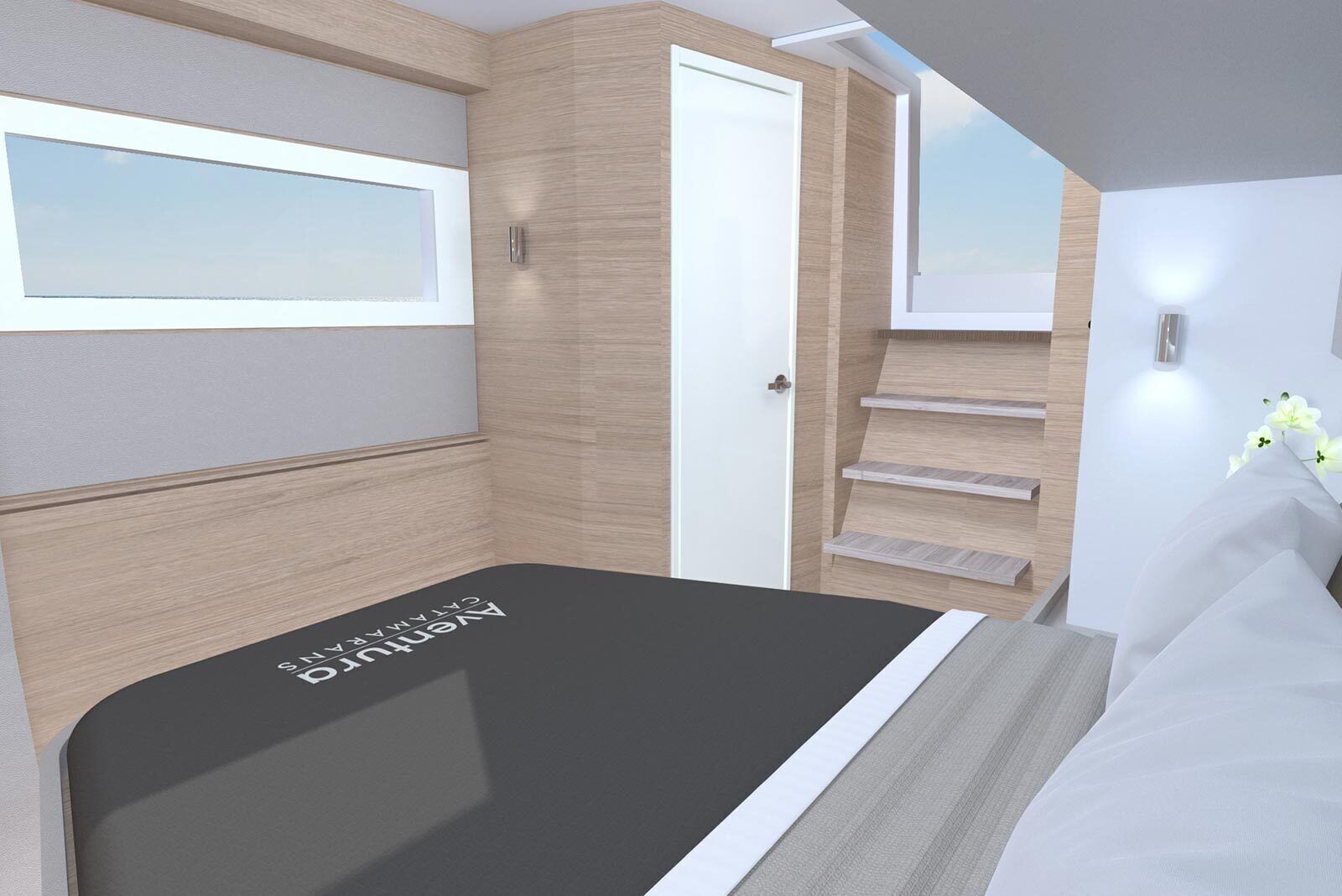A modern RV interior with a bed, a window, and a door.