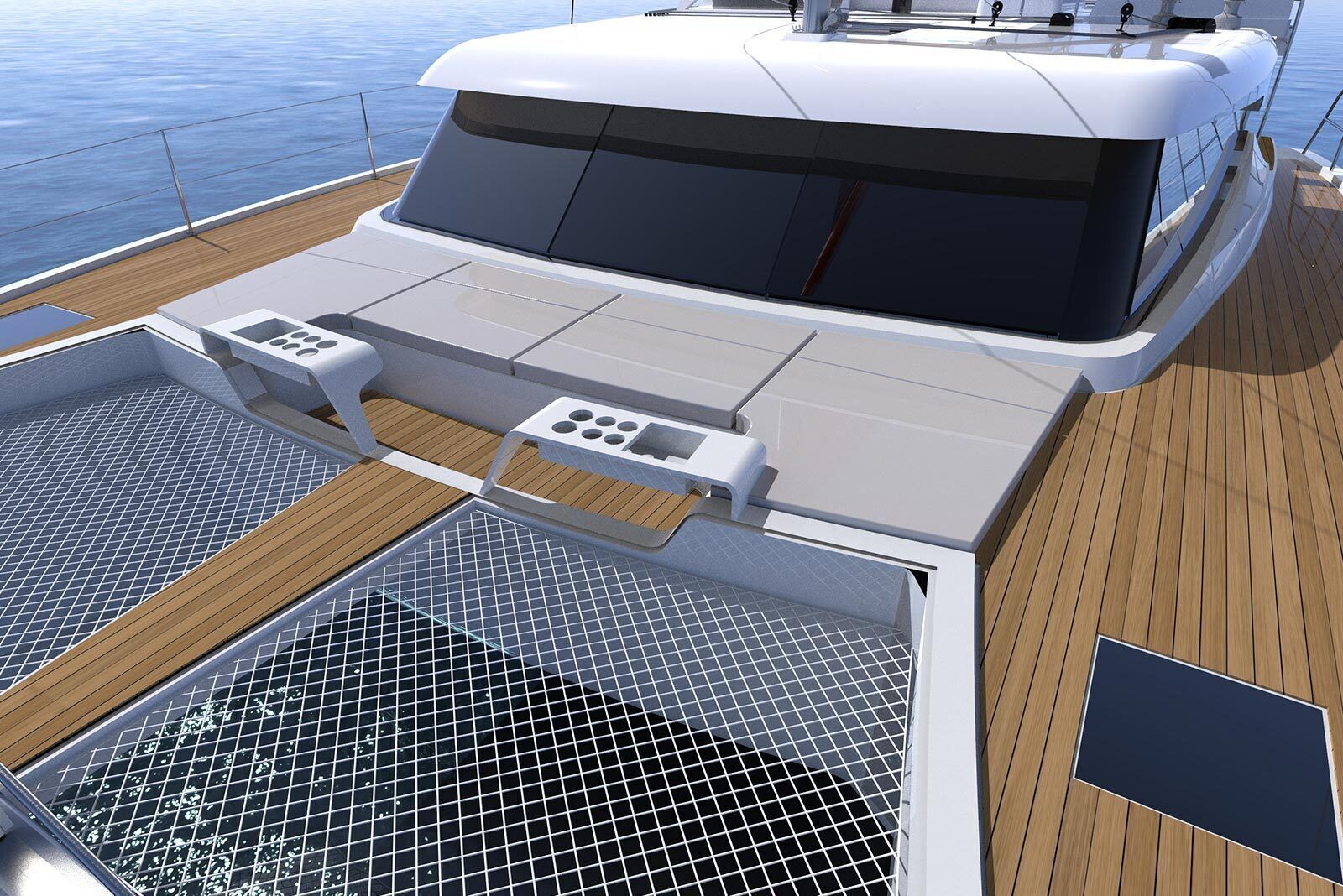 Convés de barco com assentos, painel de controle e sistema de filtragem de água.