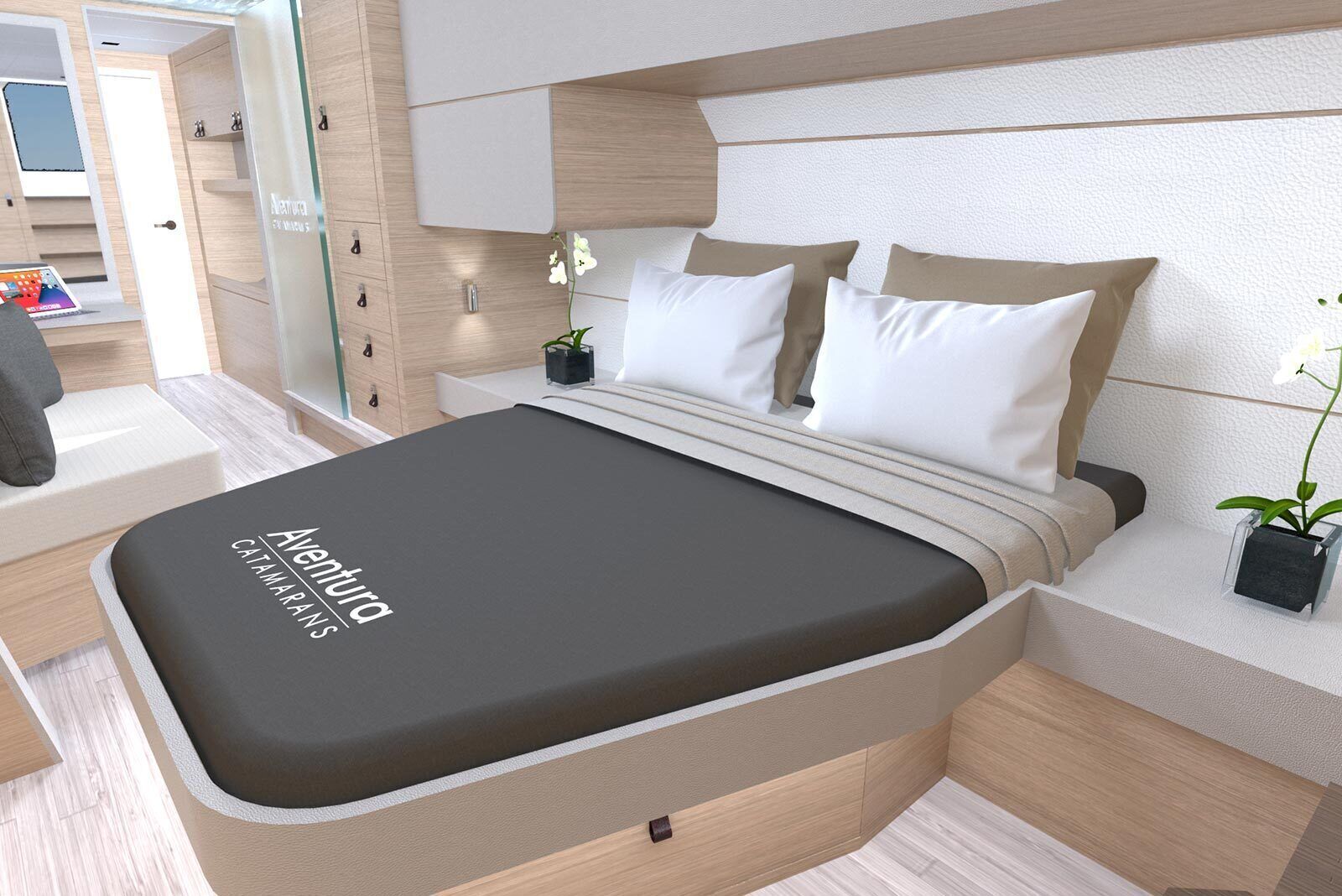 A modern bedroom with a bed, bedside tables, a nightstand, a small potted plant, and a mirror.