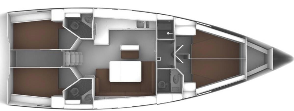 A boat interior with a kitchen, dining area, and two sleeping quarters.