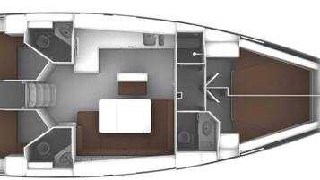 A boat interior with a kitchen, dining area, and two sleeping quarters.