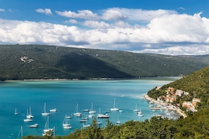 A coastal town with a marina filled with sailboats, surrounded by hills and a clear sky.