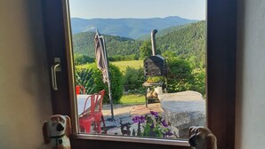 A window with a view of a green landscape and a chimney.