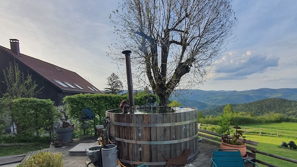 A wooden deck with outdoor seating, a hot tub, and a large tree.