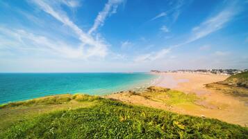 A coastal landscape with a beach, grassy foreground, and a distant shoreline.
