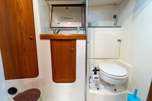 Une petite salle de bain avec une porte en bois, un petit lavabo avec un miroir, des toilettes et un espace douche.