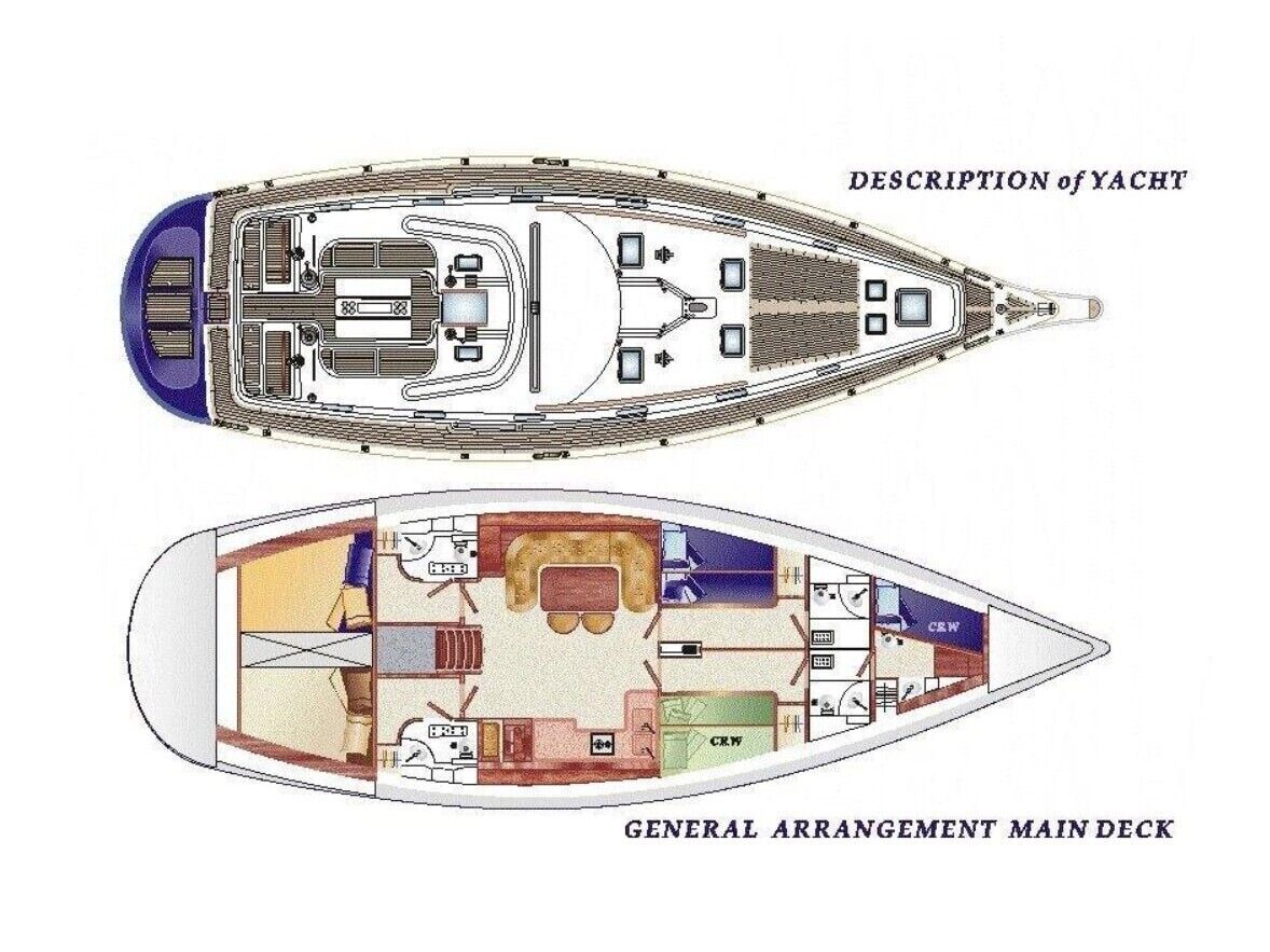 Aménagement général du pont principal d’un yacht, comprenant un espace salon, une cuisine et une petite cabine.