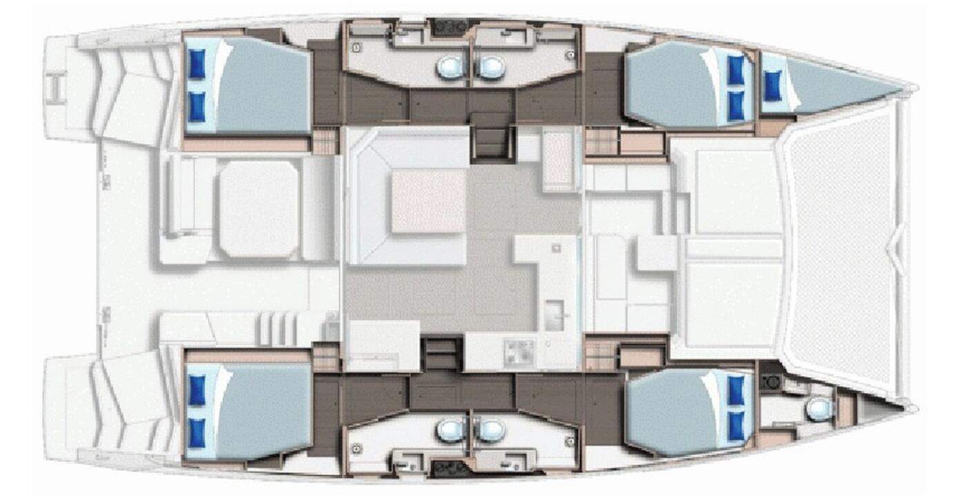 A boat interior with a dining area, kitchen, and two cabins.