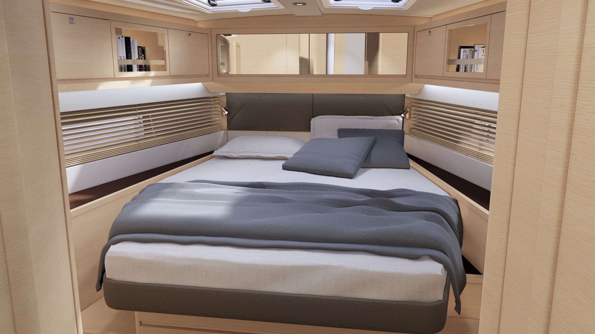 Een compacte, goed verlichte slaapkamer met een stapelbed, inbouwopbergruimte en een dakraam.