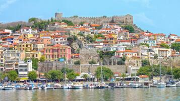 Un pueblo costero con edificios coloridos, un castillo histórico en una colina y un puerto deportivo con barcos.