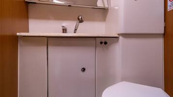 Een kleine, witte badkamer met toilet, wastafel en douche.