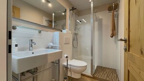 A modern bathroom with a glass shower enclosure, a white sink, and a toilet. - Milimatta 1 1. OG Süd Studio, Dusche oder Bad, WC 1 1/2 Zimmerwohnung, 2-Betten by Interhome (Fiesch)